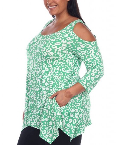 Plus Size Leopard Cold Shoulder Tunic Top Green $25.42 Tops