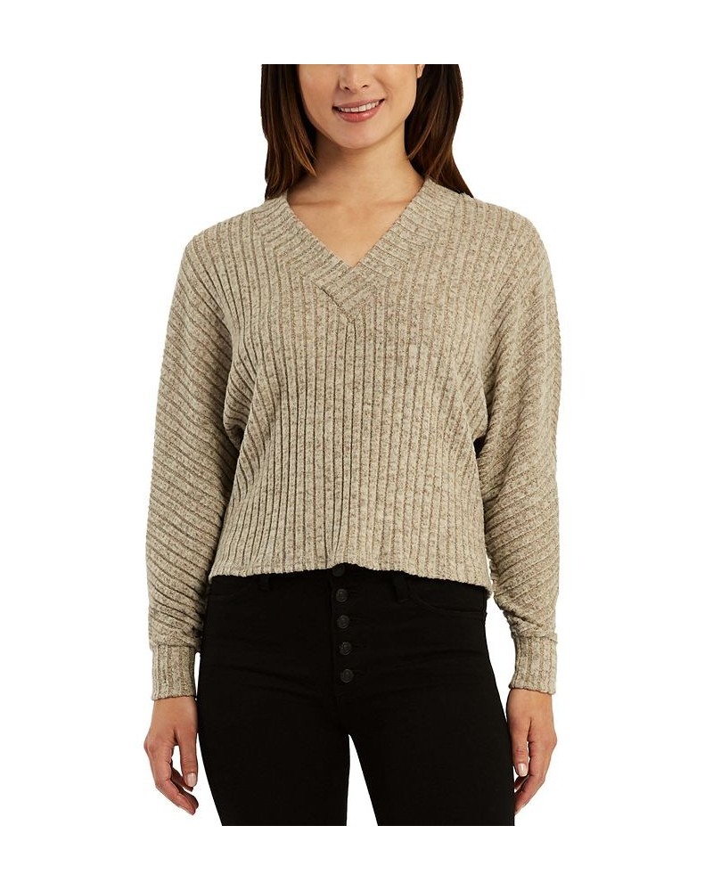 Juniors' V-Neck Ribbed Dolman-Sleeve Sweater Tan/Beige $11.23 Sweaters