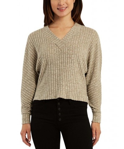 Juniors' V-Neck Ribbed Dolman-Sleeve Sweater Tan/Beige $11.23 Sweaters