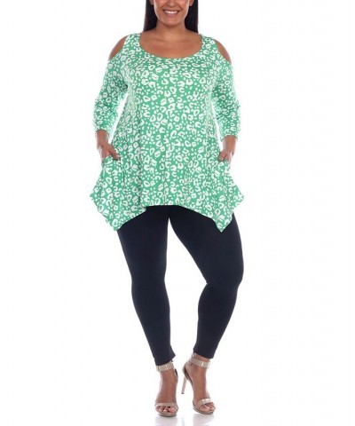 Plus Size Leopard Cold Shoulder Tunic Top Green $25.42 Tops