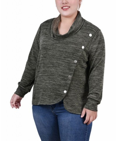 Plus Size Long Sleeve Overlapping Cowl Neck Top Pesto Green $13.43 Tops