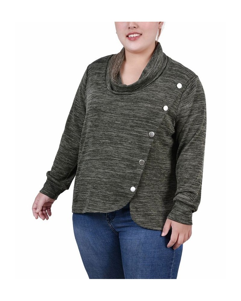 Plus Size Long Sleeve Overlapping Cowl Neck Top Pesto Green $13.43 Tops