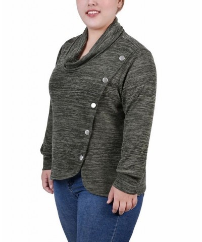 Plus Size Long Sleeve Overlapping Cowl Neck Top Pesto Green $13.43 Tops