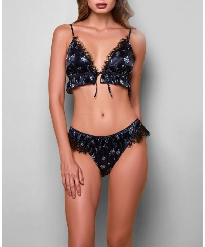 iCollection Women's Hailey 2 Piece Lace Tie Front Bra and Lace Panty Set Navy $36.40 Lingerie