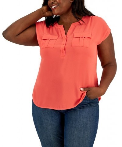 Plus Size Woven-Front V-Neck Top Chilled Melon $19.24 Tops