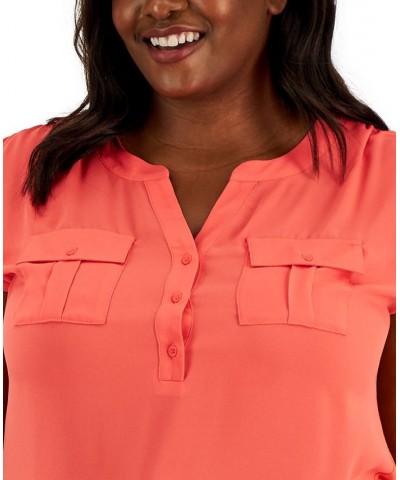 Plus Size Woven-Front V-Neck Top Chilled Melon $19.24 Tops