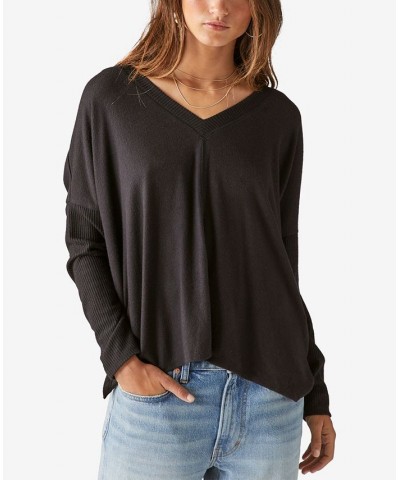 Cloud Jersey Deep V-Neck Ruched Top Black $25.37 Tops