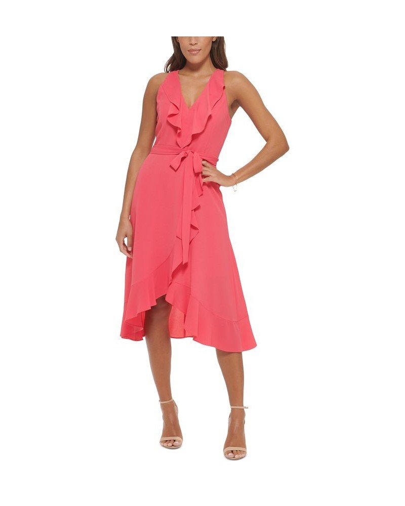 Women's Ruffled Tie-Waist Faux-Wrap Dress Pink $32.43 Dresses