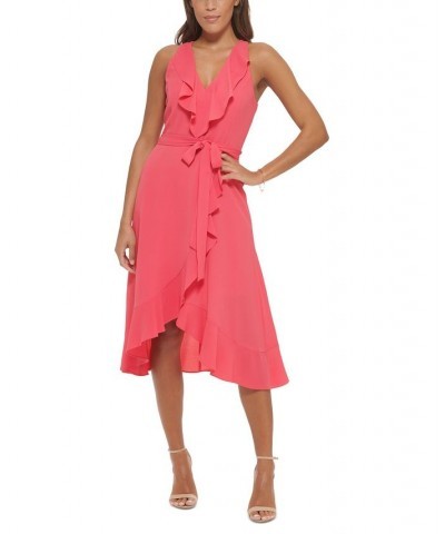 Women's Ruffled Tie-Waist Faux-Wrap Dress Pink $32.43 Dresses