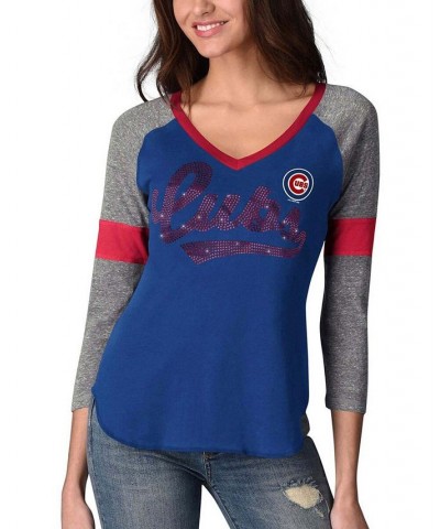 Women's Royal Gray Chicago Cubs Fan For Life Raglan V-Neck 3/4 Sleeve T-shirt Royal $25.49 Tops