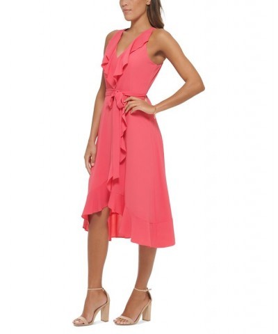 Women's Ruffled Tie-Waist Faux-Wrap Dress Pink $32.43 Dresses