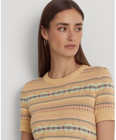 Women's Fair Isle Short-Sleeve Sweater Tan Multi $62.00 Sweaters