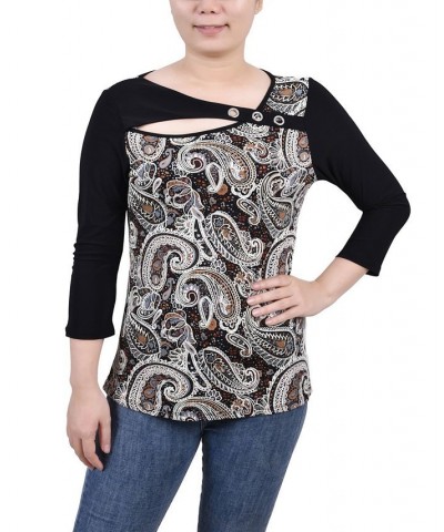 Petite 3/4 Sleeve Puff Print Cutout Top Brown Paisley $17.96 Tops