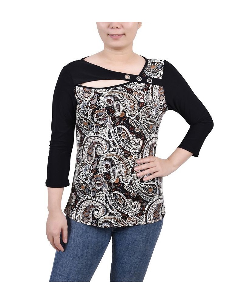 Petite 3/4 Sleeve Puff Print Cutout Top Brown Paisley $17.96 Tops