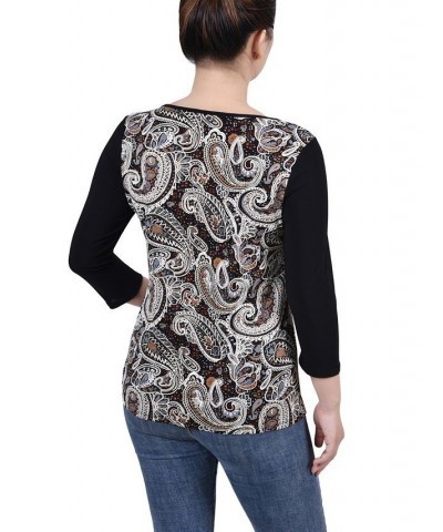 Petite 3/4 Sleeve Puff Print Cutout Top Brown Paisley $17.96 Tops