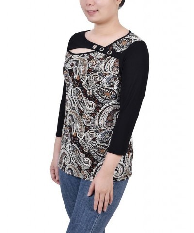 Petite 3/4 Sleeve Puff Print Cutout Top Brown Paisley $17.96 Tops