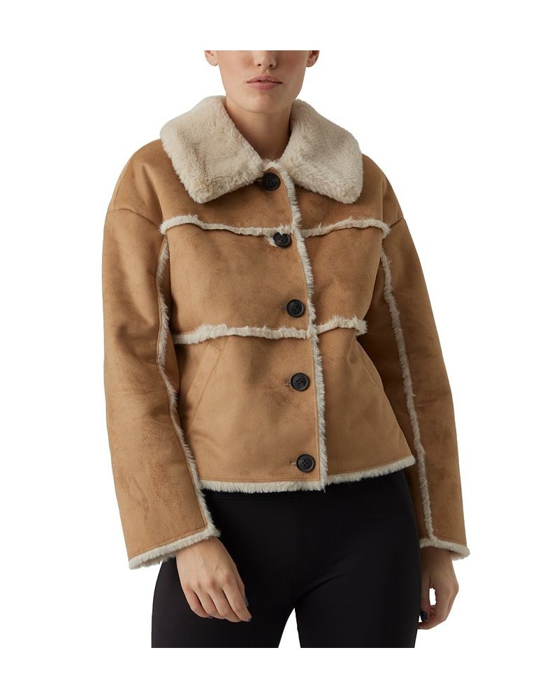 Women's Faux-Fur Spread-Collar Jacket Brown $38.80 Jackets