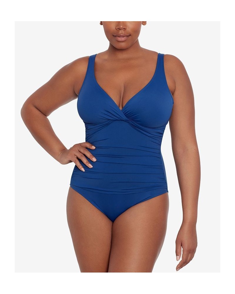 Beach Club Solid Twist One-Piece Swimsuit Blue $66.65 Swimsuits