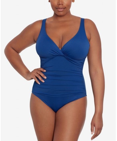 Beach Club Solid Twist One-Piece Swimsuit Blue $66.65 Swimsuits