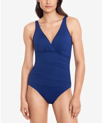 Beach Club Solid Twist One-Piece Swimsuit Blue $66.65 Swimsuits