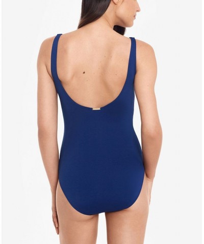 Beach Club Solid Twist One-Piece Swimsuit Blue $66.65 Swimsuits