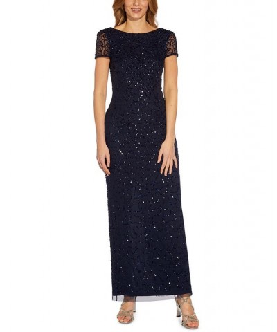 Women's Low-Back Beaded Gown Navy $69.96 Dresses