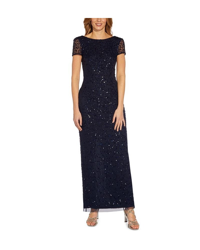 Women's Low-Back Beaded Gown Navy $69.96 Dresses