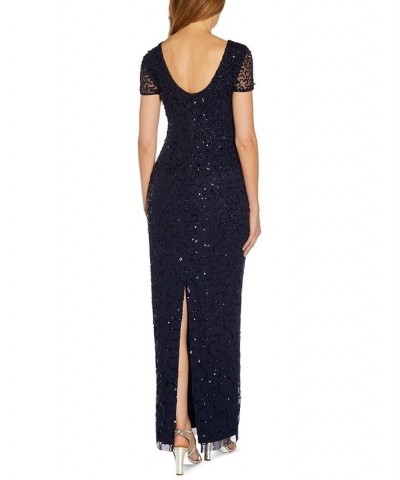 Women's Low-Back Beaded Gown Navy $69.96 Dresses