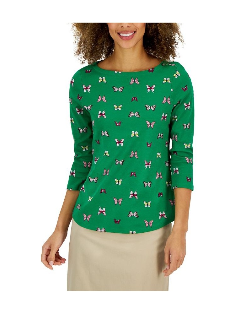 Petite 3/4-Sleeve Butterfly-Print Boat-Neck Top Green $10.25 Tops