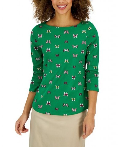 Petite 3/4-Sleeve Butterfly-Print Boat-Neck Top Green $10.25 Tops