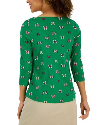 Petite 3/4-Sleeve Butterfly-Print Boat-Neck Top Green $10.25 Tops