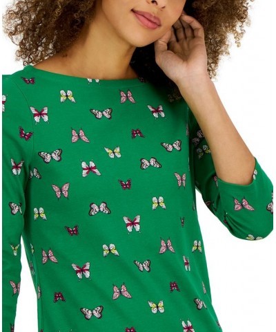 Petite 3/4-Sleeve Butterfly-Print Boat-Neck Top Green $10.25 Tops