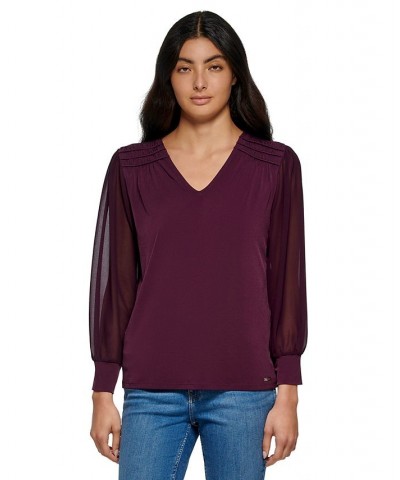 Women's V-Neck Chiffon Sleeve Blouse Aubergine $31.02 Tops