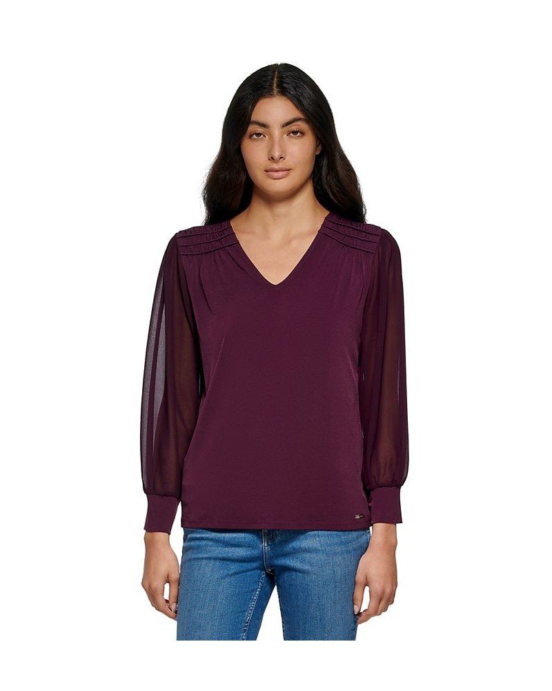 Women's V-Neck Chiffon Sleeve Blouse Aubergine $31.02 Tops