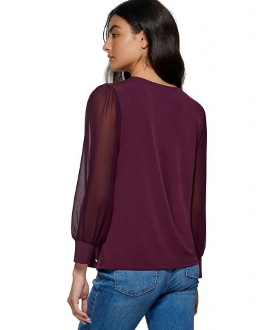 Women's V-Neck Chiffon Sleeve Blouse Aubergine $31.02 Tops