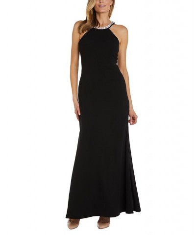 Women's Rhinestone-Trim-Neck Scuba Crepe Gown Black $65.91 Dresses