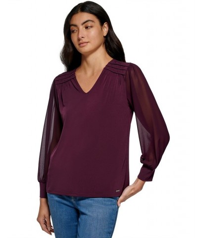 Women's V-Neck Chiffon Sleeve Blouse Aubergine $31.02 Tops