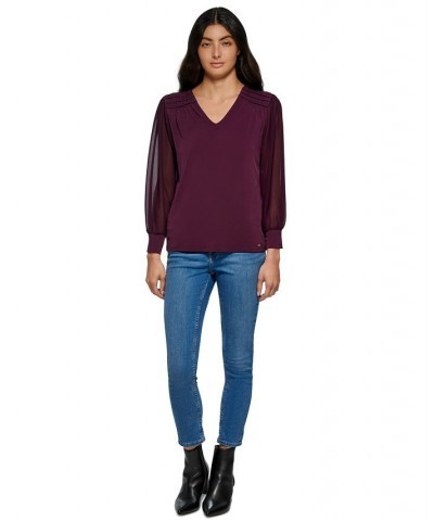 Women's V-Neck Chiffon Sleeve Blouse Aubergine $31.02 Tops