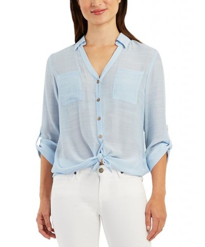 Juniors' V-Neck Fold-Collar 3/4-Sleeve Utility Shirt Sky Blue $28.91 Tops