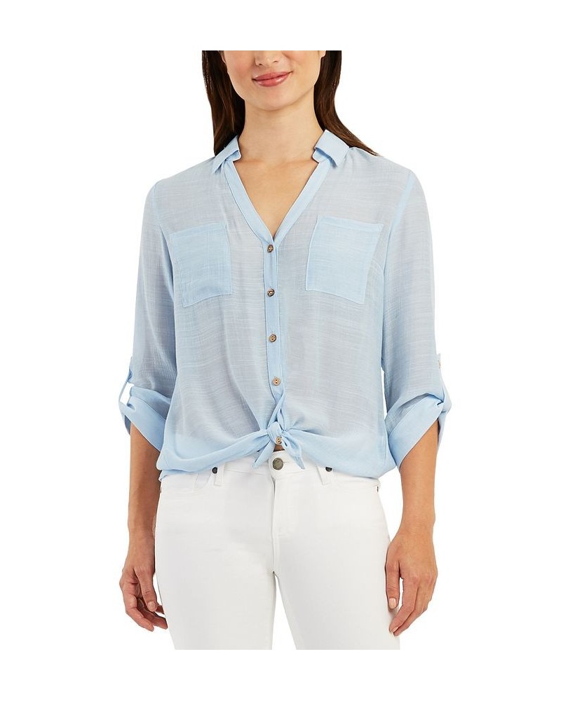 Juniors' V-Neck Fold-Collar 3/4-Sleeve Utility Shirt Sky Blue $28.91 Tops