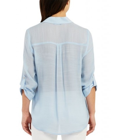 Juniors' V-Neck Fold-Collar 3/4-Sleeve Utility Shirt Sky Blue $28.91 Tops