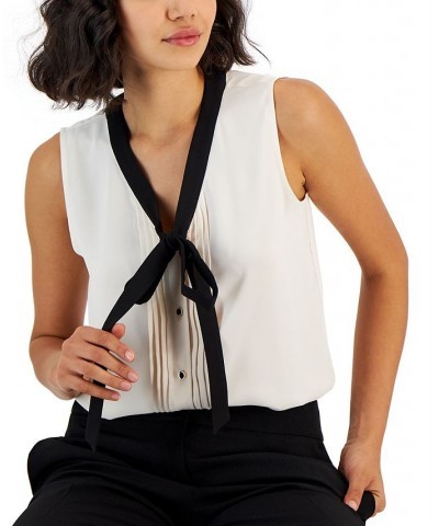 Women's Tie V-Neck Sleeveless Button-Up Blouse Anne White/anne Black $25.36 Tops