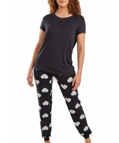 Women's Kind Heart Modal T-shirt and Jogging Pant Pajama in Comfy Cozy Style 2 Piece Cream-Black $40.77 Sleepwear