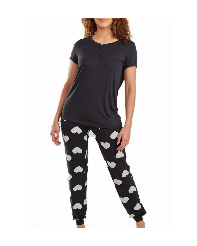 Women's Kind Heart Modal T-shirt and Jogging Pant Pajama in Comfy Cozy Style 2 Piece Cream-Black $40.77 Sleepwear