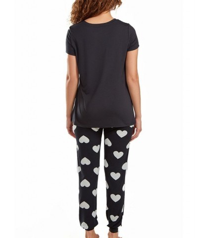 Women's Kind Heart Modal T-shirt and Jogging Pant Pajama in Comfy Cozy Style 2 Piece Cream-Black $40.77 Sleepwear