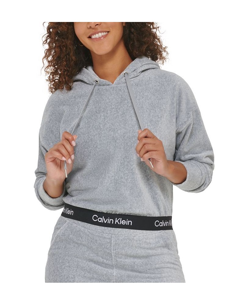 Women's Logo Elastic Long-Sleeve Pullover Velour Hoodie Pearl Grey Heather $20.59 Sweatshirts