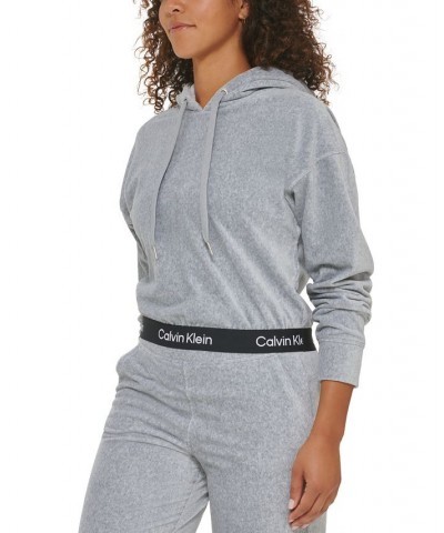 Women's Logo Elastic Long-Sleeve Pullover Velour Hoodie Pearl Grey Heather $20.59 Sweatshirts