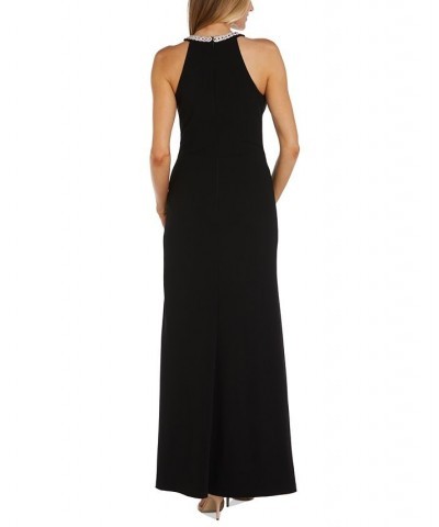 Women's Rhinestone-Trim-Neck Scuba Crepe Gown Black $65.91 Dresses