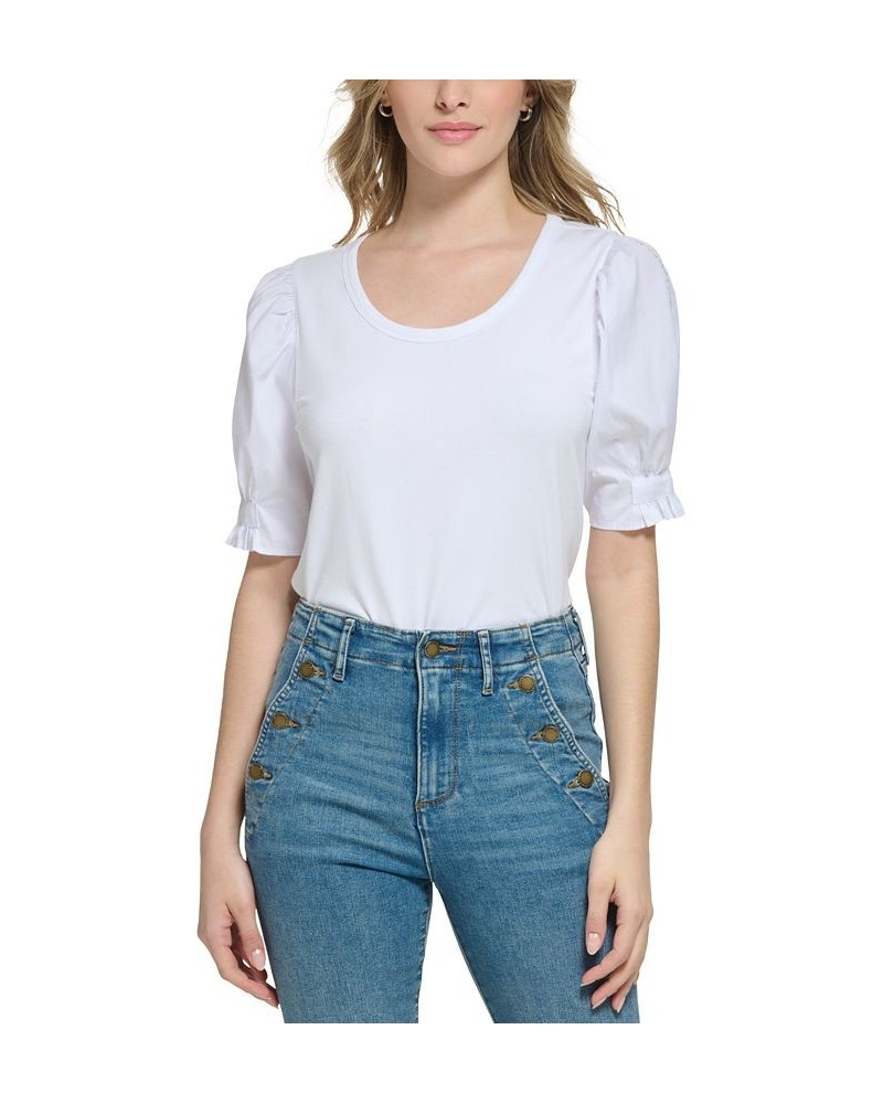 Women's Mixed-Media Puff-Sleeve Top Soft White $29.99 Tops