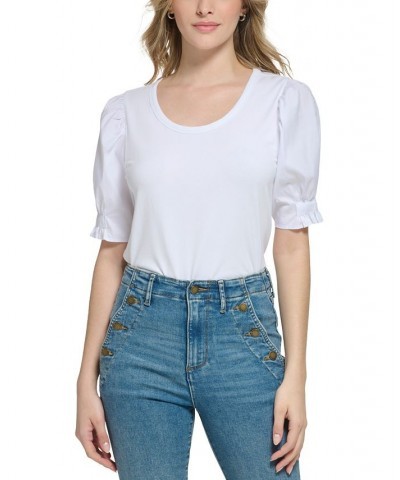 Women's Mixed-Media Puff-Sleeve Top Soft White $29.99 Tops